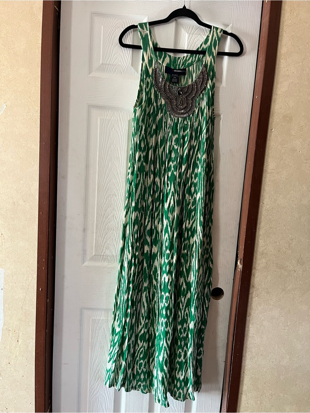 Denim 24/7 Boho Green Ikat Maxi Dress Beaded Neckline Plus Size 20W Like New